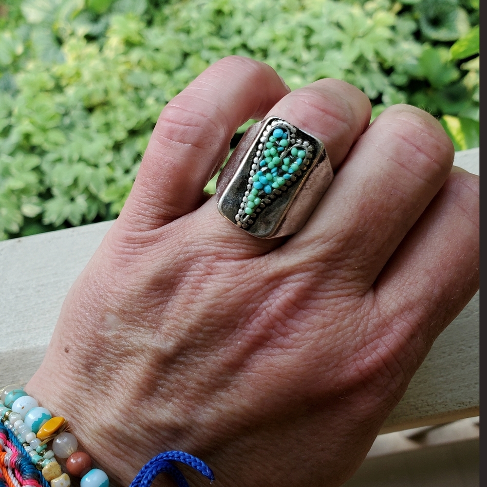 Beaded Heart TARNISHED vtg insp Patina boho stretch ring